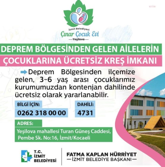 Depremzede Çocuklar, İzmit Belediyesi Çınar Çocuk Evi’nden Ücretsiz Yararlanacak